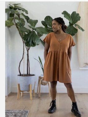 Known Supply Josie Dress | Organic Cotton Button Front | Size XL | Dusty Coral